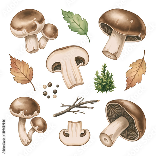 A simple vector illustration of fresh edible mushrooms isolated on a white background