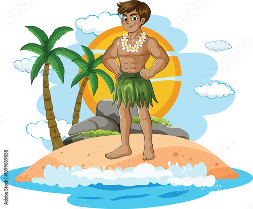 Cartoon Muscular Man with Flower Lei and Grass Skirt on Tropical Island with Palm Trees and Sun - Illustration