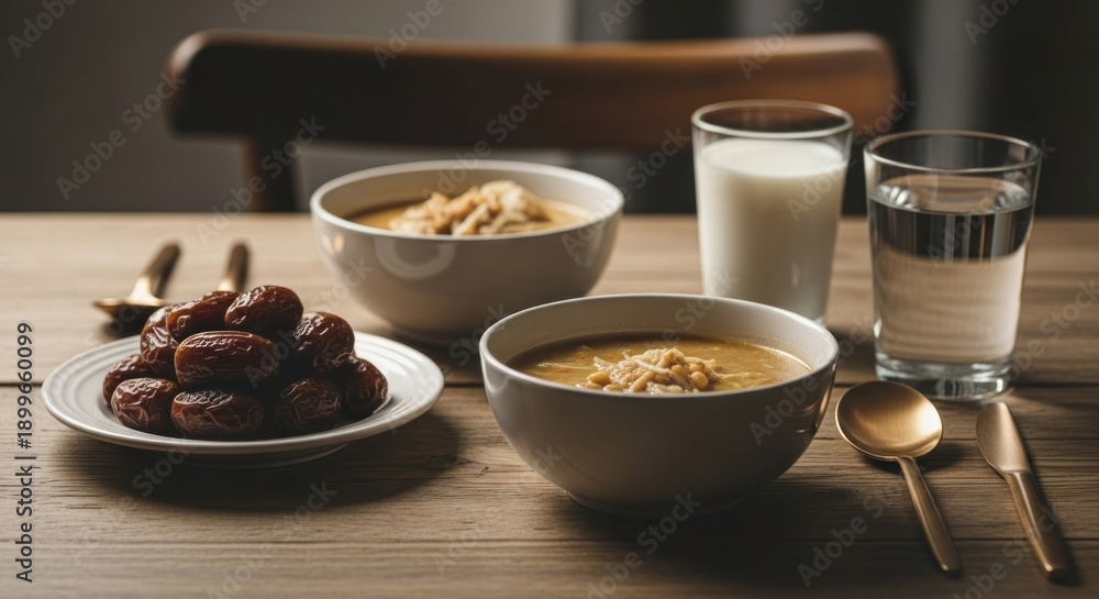 Fototapeta premium Warm light reveals a table with dates, soup bowls, drinks, and utensils set for a meal