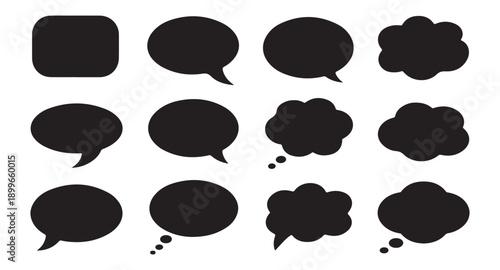 Black speech bubble silhouette set featuring various cloud and oval shapes for minimalist vector design use