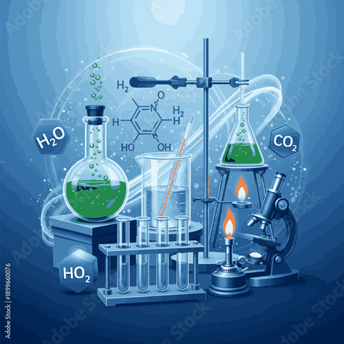 Create a realistic Laboratory Science, Chemistry concept on blue background - 3d illustration vector art ..