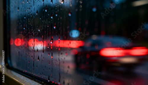 Showing window glass collecting rain droplets and streaks at night on urban street, with taillights