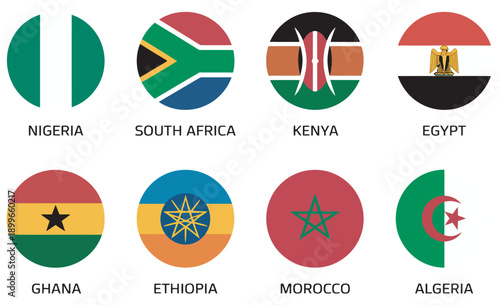 African country flags in circular emblems set, contemporary vector design, national symbols collection, colorful icons, patriotic representation, continent showcase, flat illustration set
