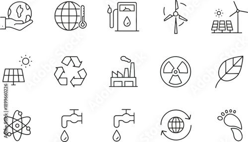 Collection of line icons representing ecology and environmental concepts