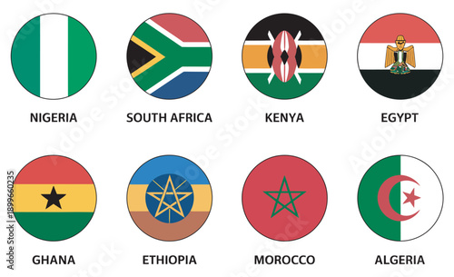 African country flags in circular emblems set, modern design, national symbols showcase, vector icons, colorful patriotic illustrations, continent representation, flat design elements