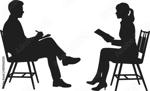 Psychologist therapy session silhouettes showing male therapist and female client seated facing each other isolated on white background for counseling mental health and interview concept