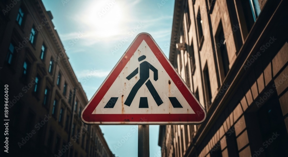 Obraz premium Weathered pedestrian crossing sign, set against a sunlit urban street and building facades