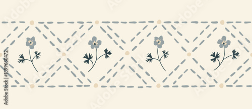 Romantic meadow wildflower vector seamless pattern horizontal border with buttercups and diamond stitches. Hand-drawn vintage cottagecore neddlework floral design for farmhouse textiles, rustic