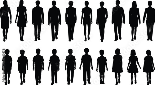 Silhouette people collection showing men women and children standing walking isolated on white background for diversity community teamwork and population concept