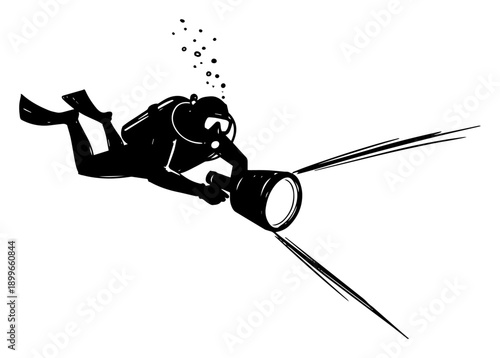 Silhouette of a scuba diver swimming underwater and holding a powerful flashlight with light beams