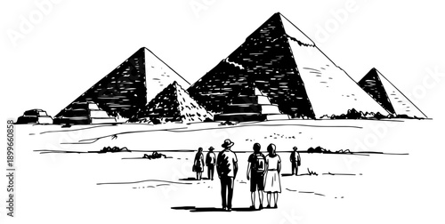 Hand drawn sketch of tourists looking at the Great Pyramids in Egypt