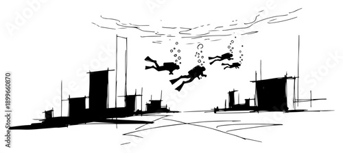 Hand drawn sketch of scuba divers exploring mysterious underwater ruins or city structures