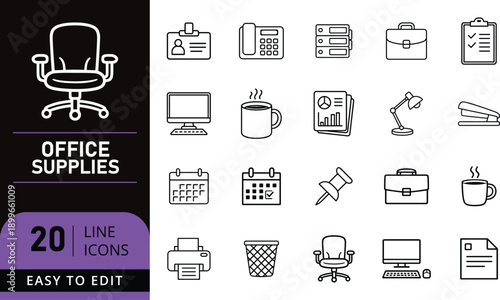 Diverse Collection of Line Icons Representing Essential Office Supplies for Business and Productivity
