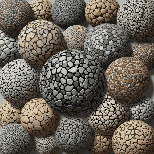 Create a kinds of deferent realistic Gravel stone pebble crushed rock texture surface background abstract background made of many spheres vector art with background.