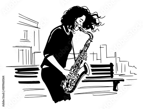 female musician playing saxophone outdoors in urban city park hand drawn sketch