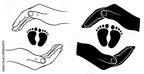 Conceptual illustration of hands protecting baby footprints in both line art and silhouette versions