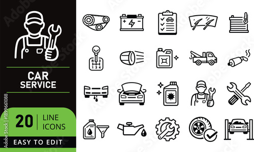 Collection of line icons for car service and auto repair, featuring mechanics and car parts.