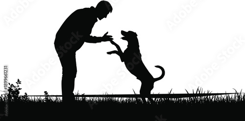 Man training dog silhouette illustration showing human and pet interaction outdoors with grass isolated on white background for obedience training companionship and animal behavior concept