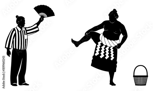 Black silhouette of a sports referee and a traditional japanese sumo wrestler in action pose