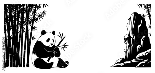 Giant panda sitting and eating bamboo in a minimalist mountain landscape