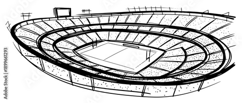 Wide perspective sketch of an empty sports stadium with tiered seating and arena field