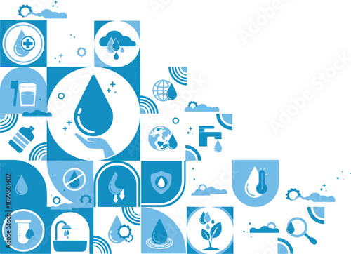 Save Water infographic with mosaic of blue icons related to water conservation, sustainability, and healthy living