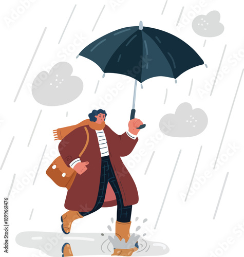 Woman with umbrella walking through rain and puddles, wearing warm autumn clothes, carrying a bag. Cozy, slightly melancholic mood for seasonal illustrations.