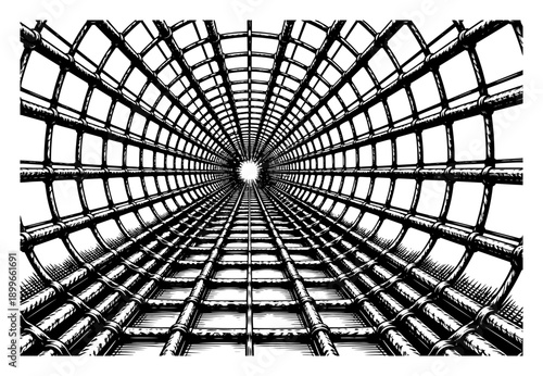 Perspective view inside a metal cage structure or rebar tunnel engraving