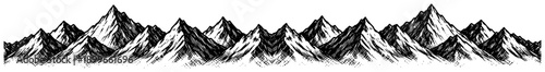 Panoramic mountain range landscape sketch with dramatic snowy peaks and ridges