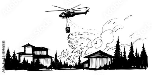 Hand drawn sketch of a firefighting helicopter dropping water on burning houses during a forest fire