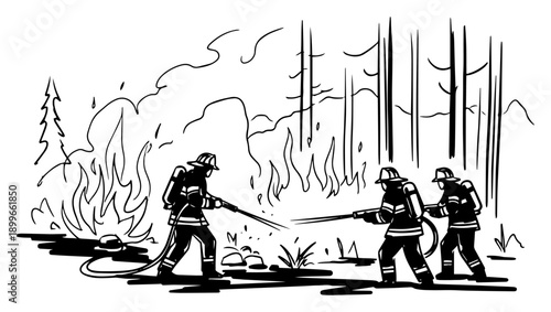 Sketch of professional firefighters using hoses to extinguish a dangerous forest wildfire