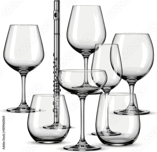 Create a kinds of deferent realistic Set of Transparency empty wine glasses 3d render vector art with white background..