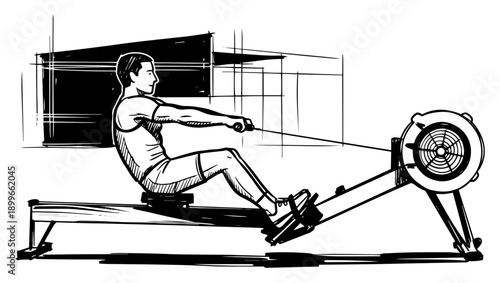 Man exercising on a rowing machine in a gym hand drawn sketch