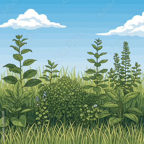 Create a kinds of deferent realistic Lush green shrubs and foliage growing naturally among tall grass. vector art with background..