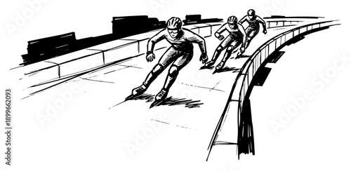 Three athletes competing in professional inline speed skating on a curved track hand drawn sketch