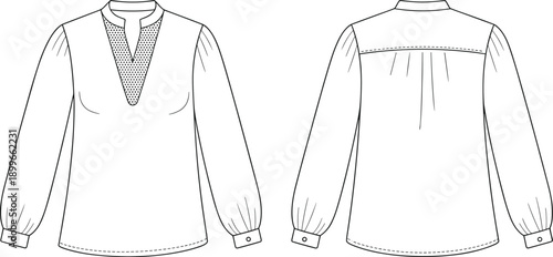 Women blouse technical fashion illustration showing front and back views with long sleeves V neckline textured panel isolated on white background for apparel design