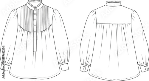 Women blouse technical fashion illustration with pleated front panel showing front and back views long sleeves buttons isolated on white background for apparel design