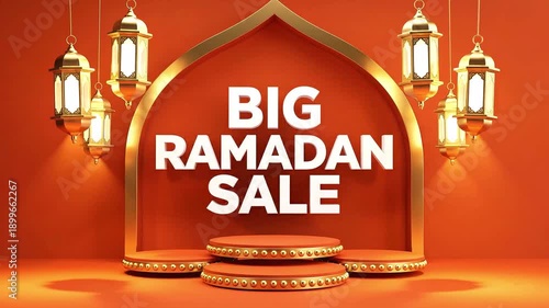 Wallpaper Mural Golden arch and traditional lanterns framing big Ramadan sale text on a round podium with glowing warm lights against a red backdrop Torontodigital.ca
