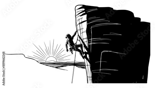 Black and white high contrast sketch of a rock climber scaling a cliff at sunset