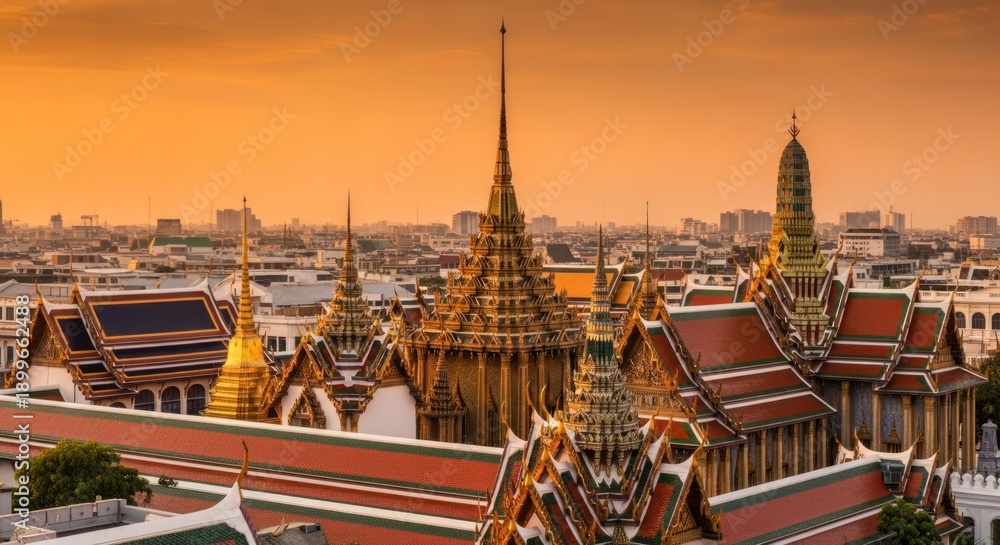 Naklejka premium Golden-roofed ornate temple complex with spires against a cityscape at sunset