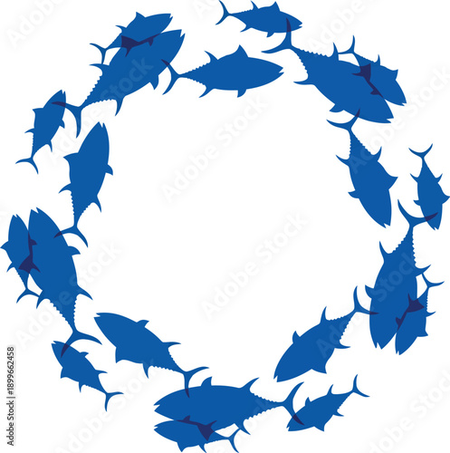 School of blue tuna fish swimming in a circular formation, symbolizing marine life, ocean ecosystems, and fishing industry.