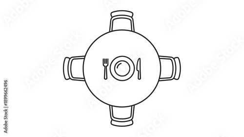 Overhead view of a dining table with chairs and cutlery