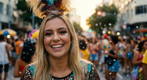 Portrait of a happy young woman amidst the crowd at the Brazilian carnival - retrato de uma jovem mulher feliz em meio a multidão no carnaval brasileiro