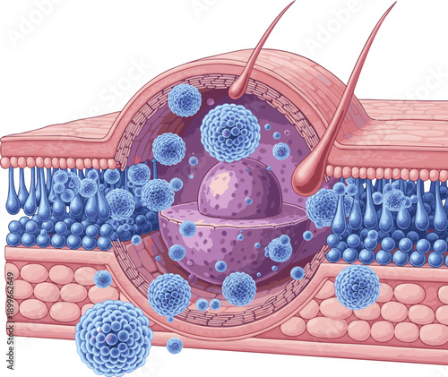 Create a realistic Hyaluronic acid deep absorb into skin cell. 3D rendering. vector art with white background.