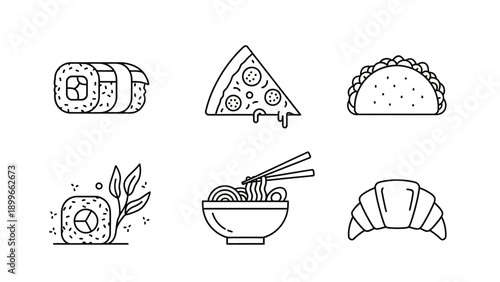 Set of various fast food and international cuisine line icons