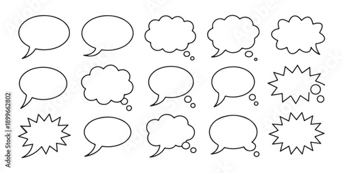 Set of 15 black outline speech bubbles, chat clouds, and comic burst shapes with dots on white background