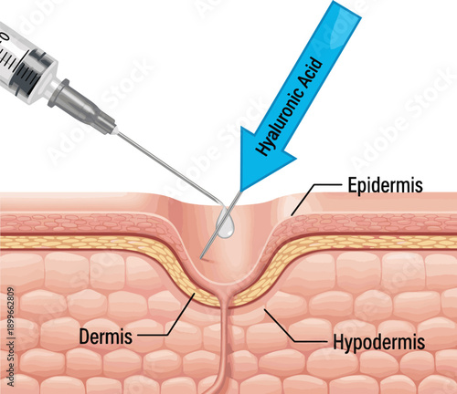 Create a realistic Hyaluronic acid injection arrow pointing to hypodermis for skin volume loss 3d illustration vector art with white background..