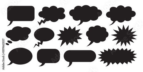Set of 15 black outline speech bubbles, chat clouds, and comic burst shapes on white background