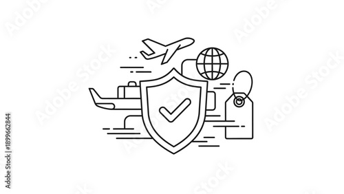 Travel security concept with airplane, globe, and protection shield