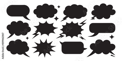 Collection of comic book speech and thought bubbles, explosion shapes, and graphic elements